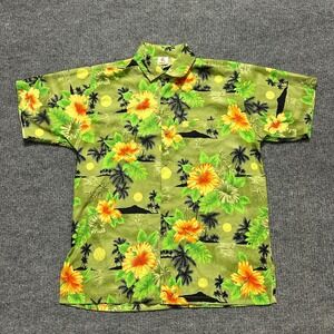 Rima Mens Button Up Shirt Size Medium Green Floral Short Sleeve Beachwear